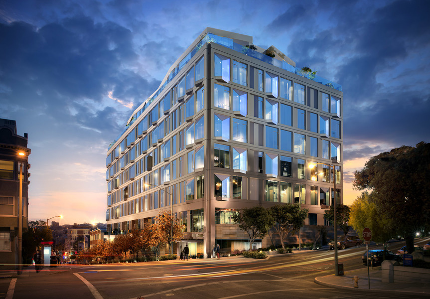The nine-story building features four two-story 'grand penthouses' and seven lower level penthouses.