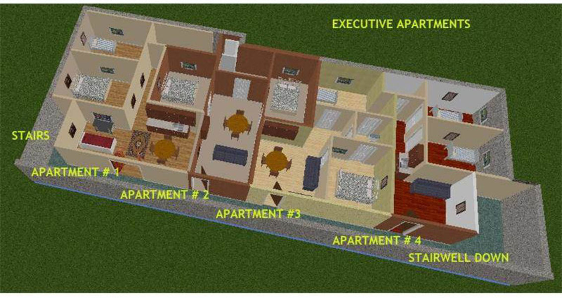 A layout of the bunker's second floor, featuring the property's executive apartments.