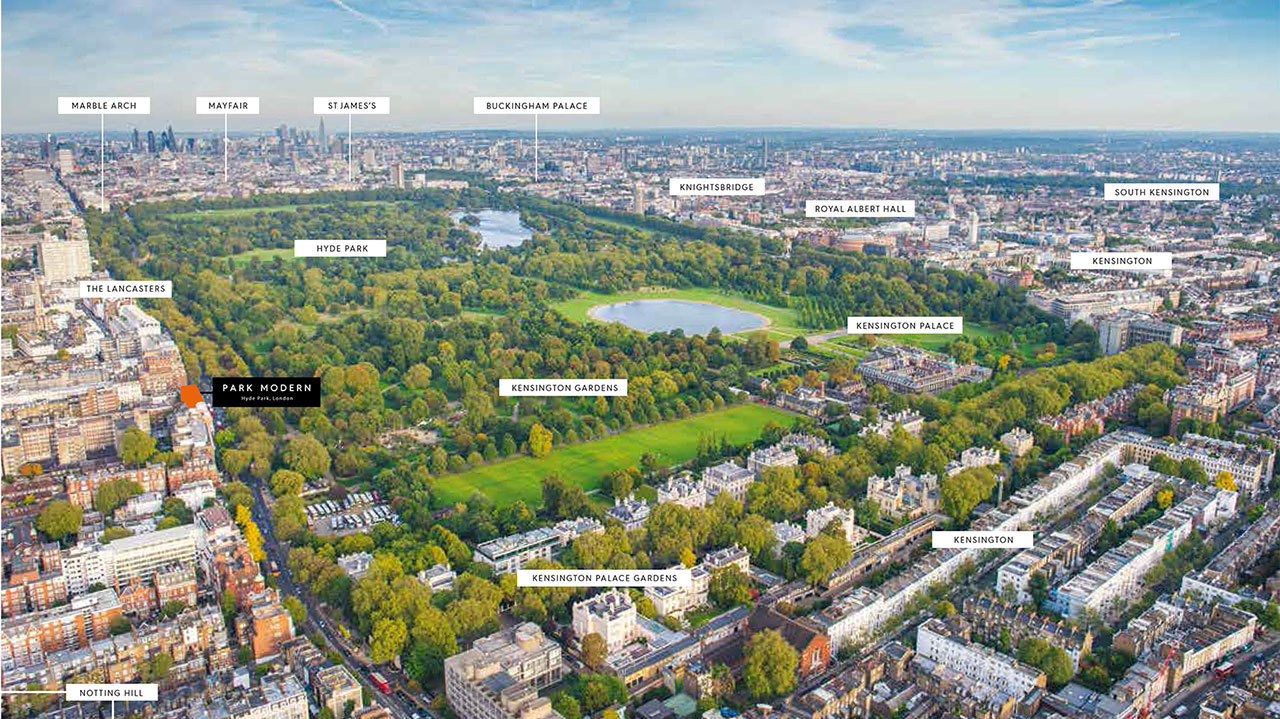 The large site directly borders the Kensington Gardens and Palace.