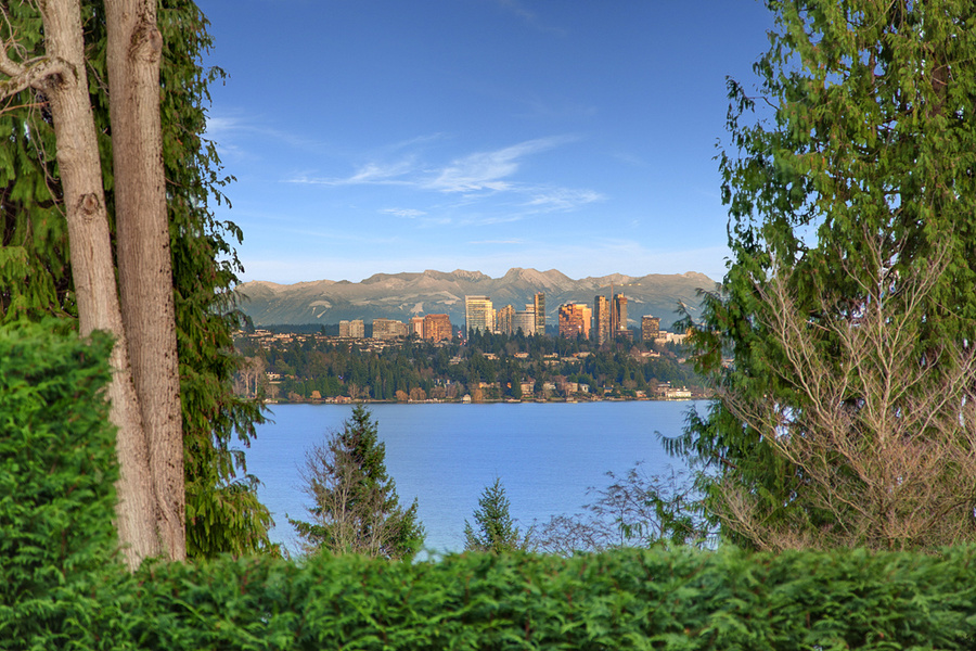 The house has views of Lake Washington, the Bellevue skyline and the Cascade mountains.