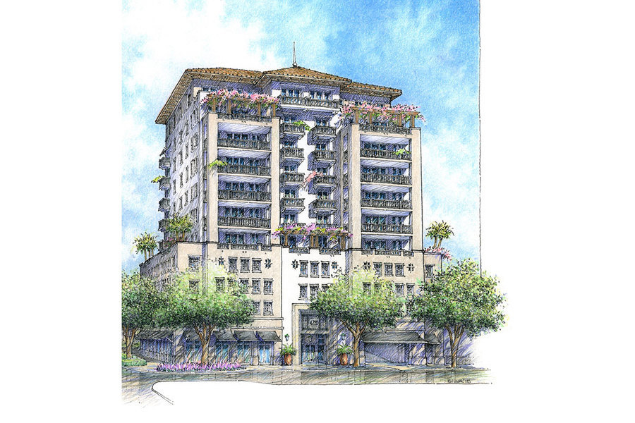 El exterior del edificio de 10 pisos Laguna House, un concepto de la firma PGAL Architects, con sede
