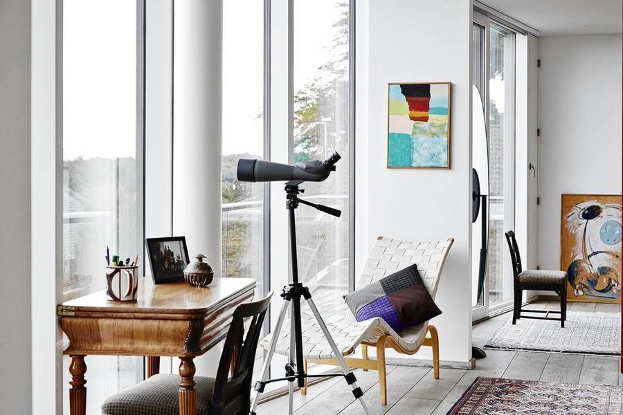 The home’s upstairs sitting room has a view of the Bay of Aarhus.